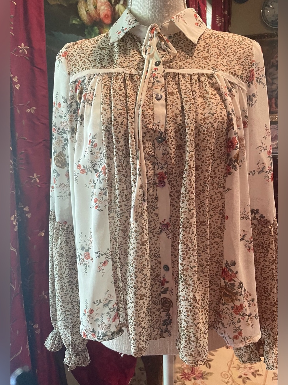 NWT She + Sky Patchwork Floral Bohemian Button-Up Blouse. Size Small.